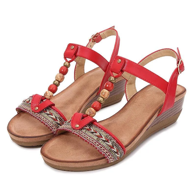 Chicvane Boho Style Womens Shoes with Beading Adjustable Buckle Closure Wedge Sandals