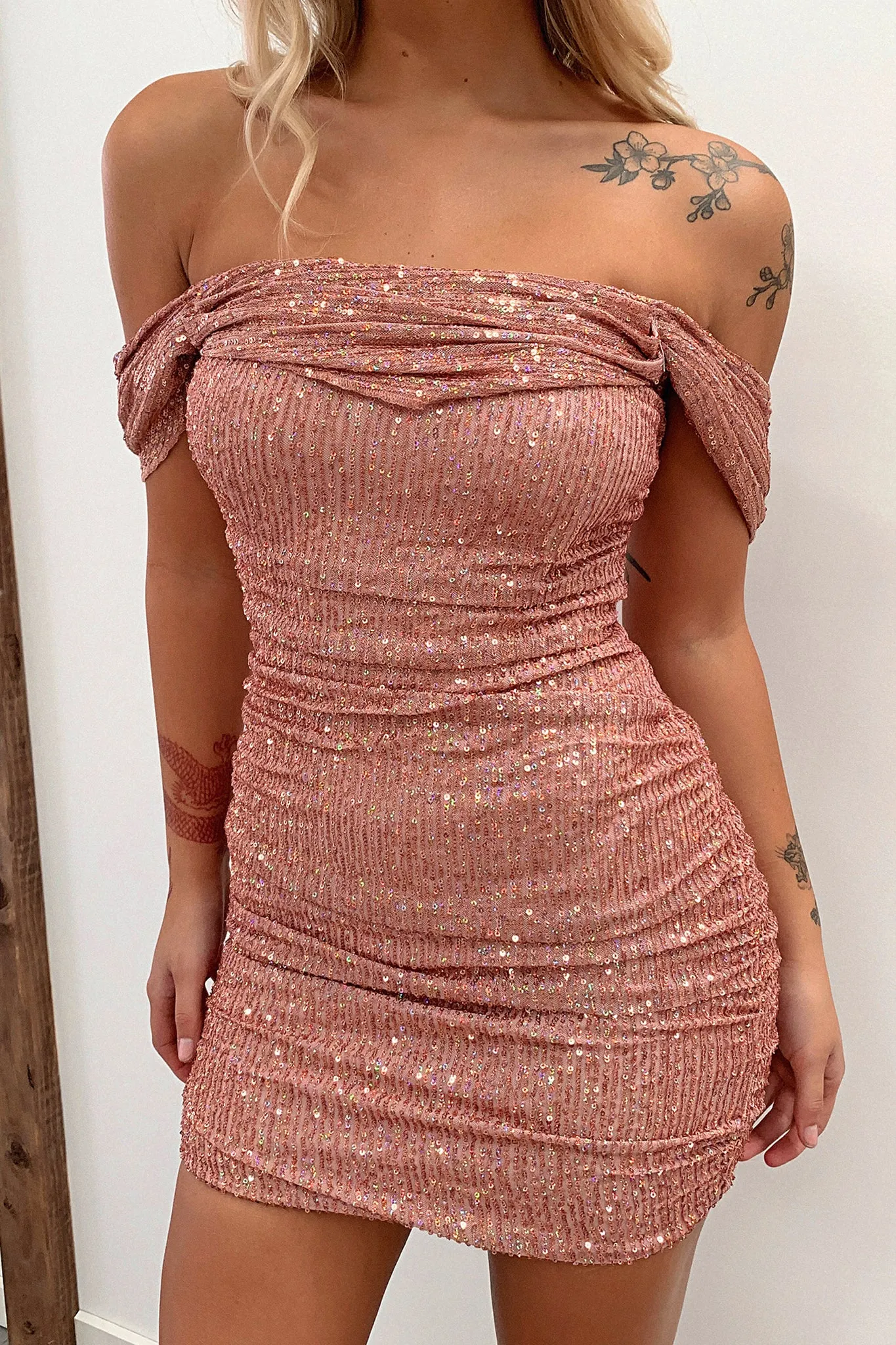 Nara Off Shoulder Sequin Dress - Pink Sequin