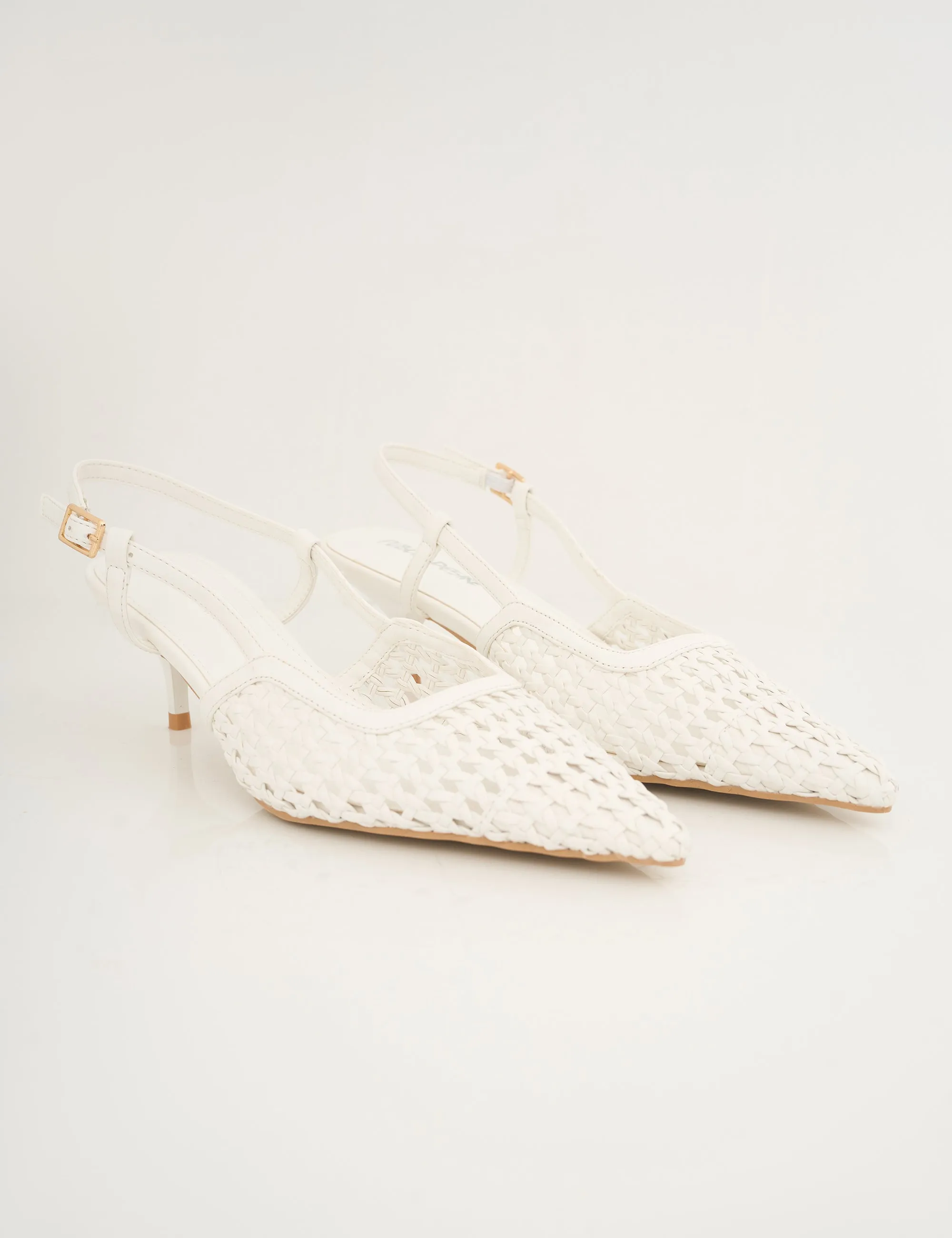 Neita White Pu Woven Slingback Court Mid Heels