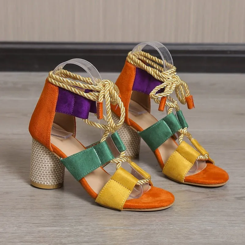 RICAQICO Lace-Up Square Heel Solid or Multi-Color Sandal Shoes